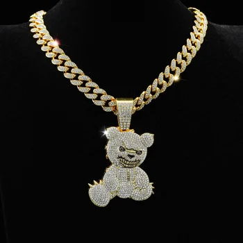 Statement Jewelry Pendants RhinestoneChoker Necklace 2024 Cuban Link Baguette Hip Hop Bear Pendants for men