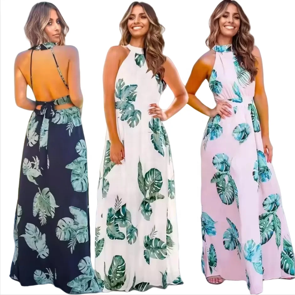 Fashion Halter Strapless Floral Maxi Dresses Sundress Sexy Woman Printed Boho Dresses Beach Party Suspenders Casual Dresses