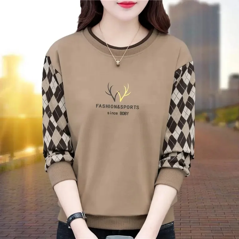 Women's long-sleeved sweatshirt casual crew neck loose pullover hoodie wool autumn top