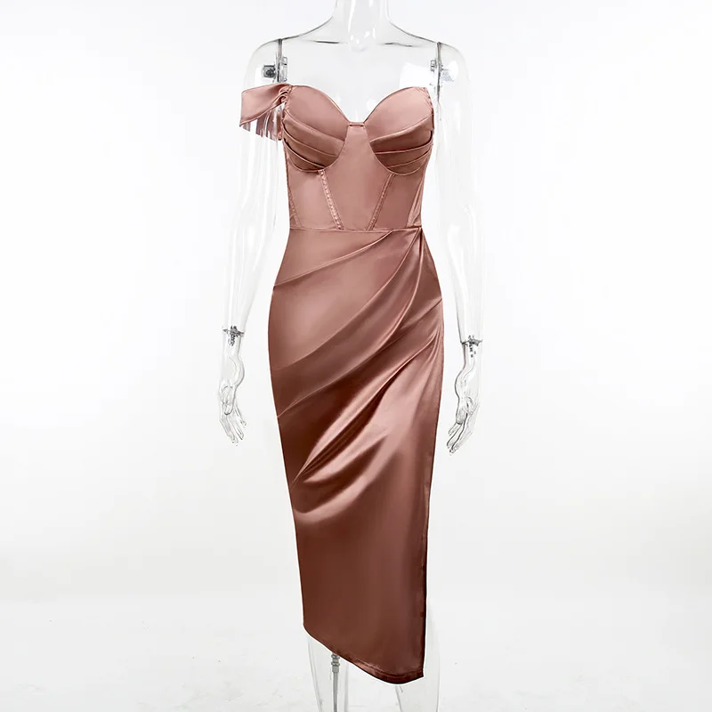 2022 Spring Women Fashion Clothes Maxi Dress Thigh High Split Bodycon Dress Women Elegant Satin Evening Dress