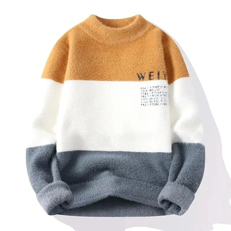 custom men cotton crew neck knitted sweater long sleeve letter pattern vintage stripes pullover letterman sweater