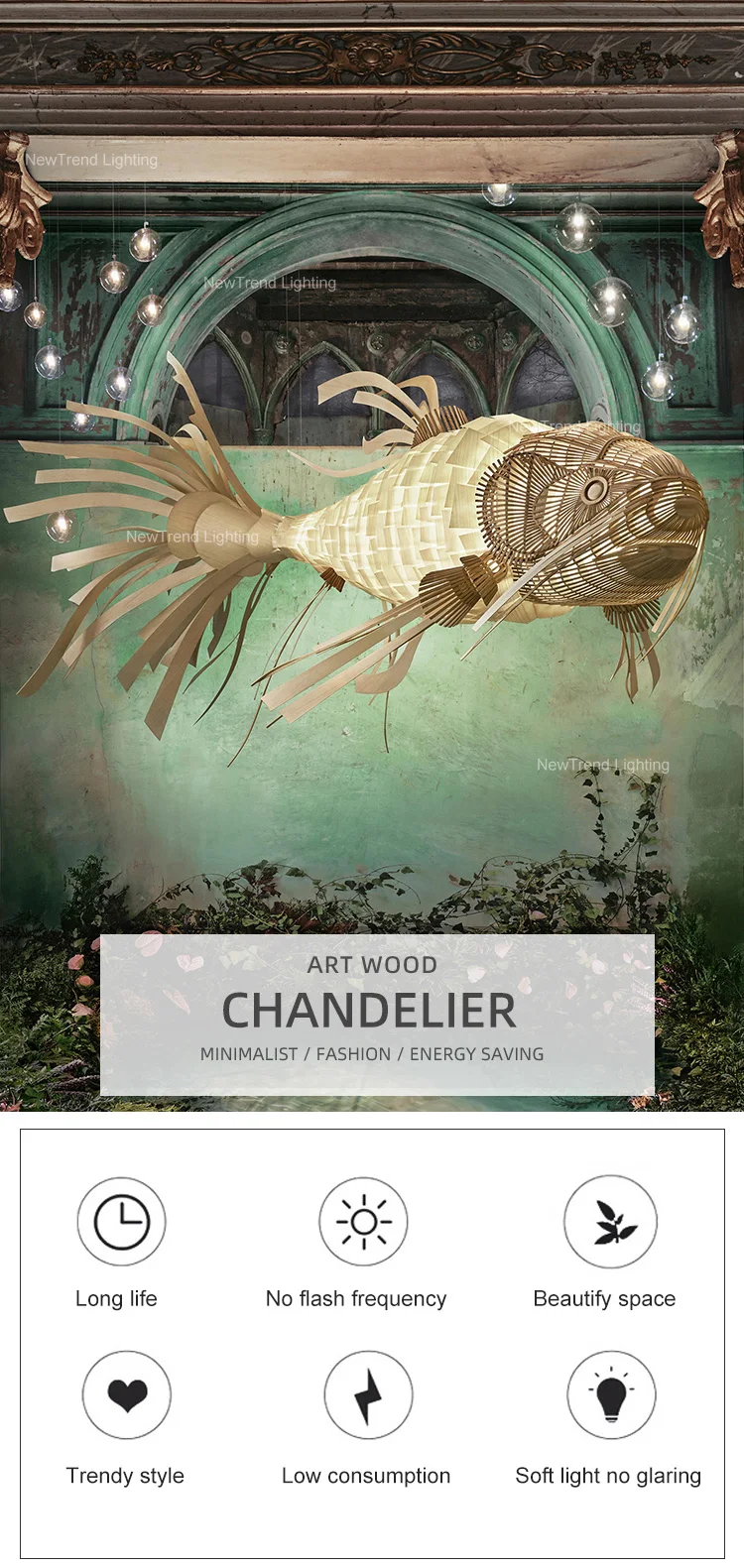 CPL-256 Custom Indoor Decoration Chandelier Villa Bar Restaurant Wooden Fish LED Hanging Light manufacture