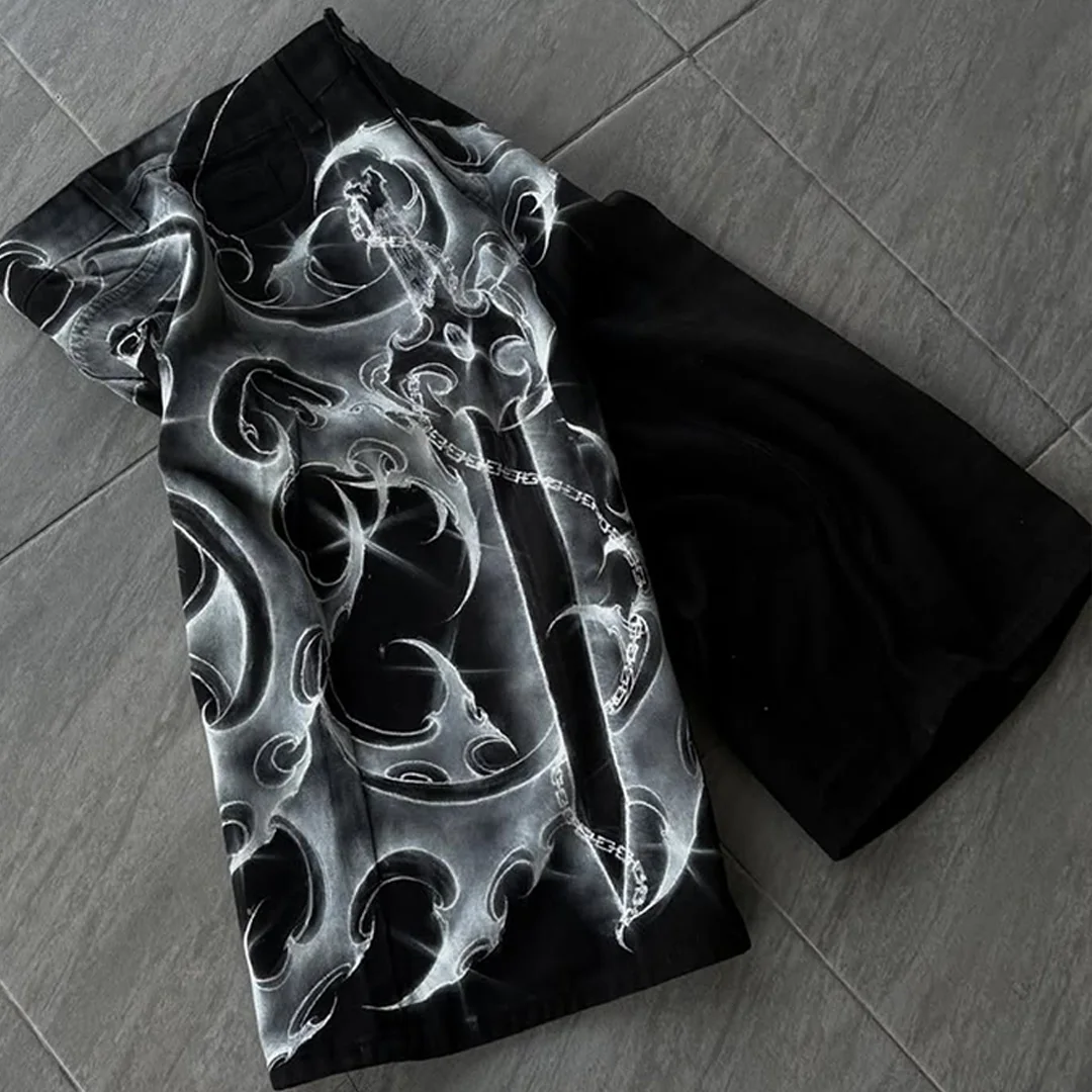 product 2026 hot retro dtg printed denim shorts street style black washed wide leg heavyweight 100 cotton men shorts customizable-5