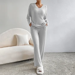 Dear-Lover Wholesale Ribbed Knit V Neck Slouchy Two-piece outfit Pajamas For Women Set