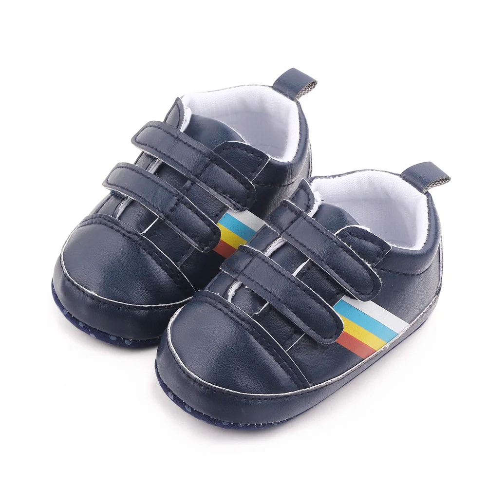 Spring and Autumn PU Leather Striped Double Line with Soft Soled Baby Indoor Walking Shoes supplier