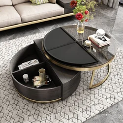 Living Room 360 Degree Rotation Modern Glass Top Wooden Storage Round Coffee Table Nordic