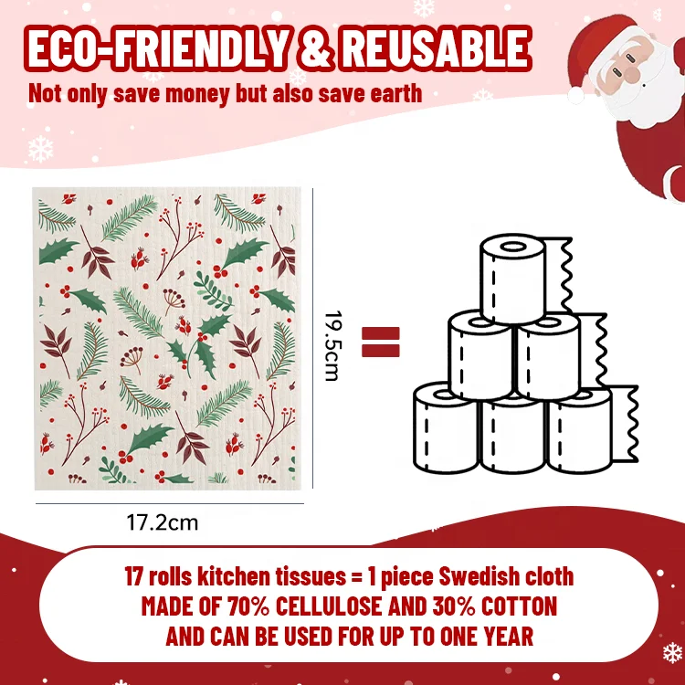 Gloway Verified PRO 100% Biodegradable LOGO Custom Gray White Nordic Sponge Cloth Christmas Kitchen Products Cellulose Dishcloth