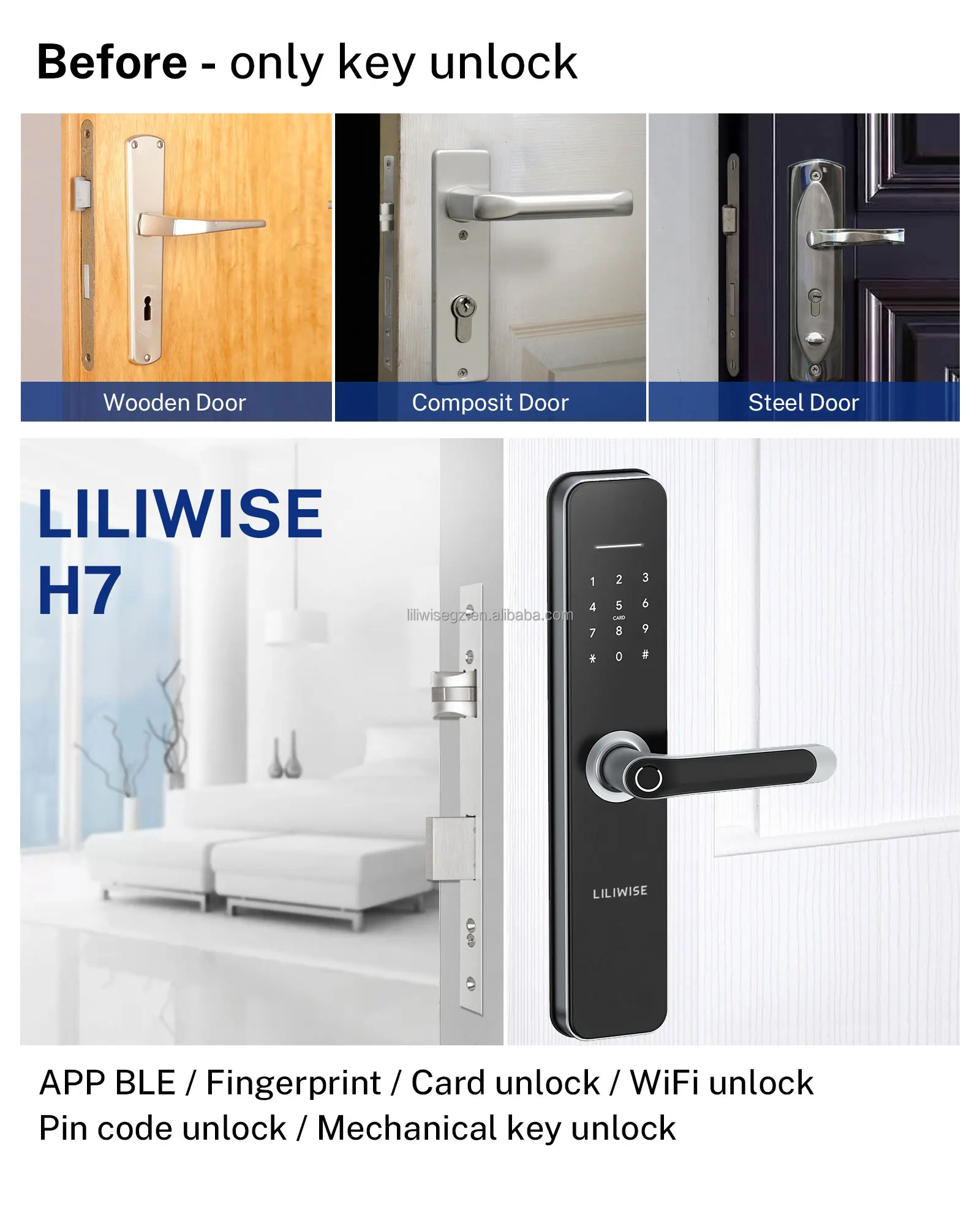 Liliwise Waterproof Outdoor Smart Door Lock with 6V Battery 35-75mm Door Thickness and 200 Fingerprint Capacity