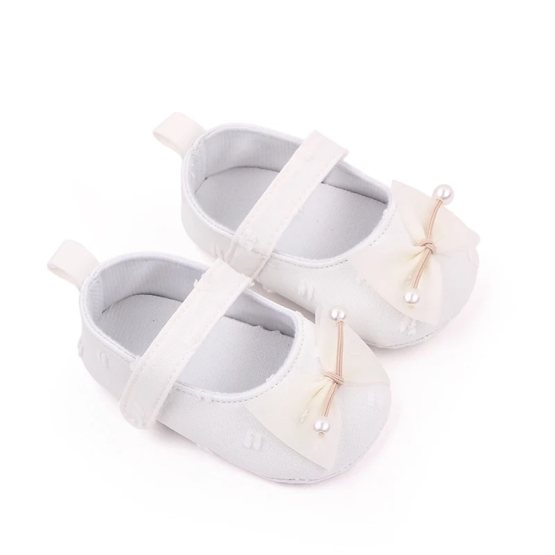 New Solid Color Pearl Yarn Bow Soft Soled Non-slip Princess Toddler Shoes for Baby Girls factory
