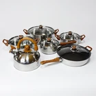 Cookware Mahogany Handle 12 Pieces Cooking Pot Set Multi-function Stainless Steel Cookware