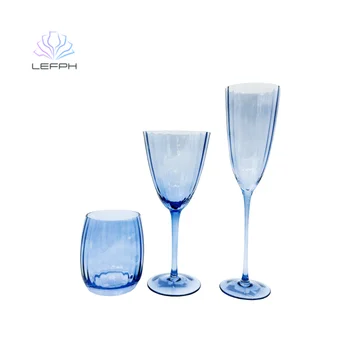 Blue Striped Luxury Champagne Flutes Custom Logo Cocktail Glasses with Goblet Design for Red Wine & Party Drinks