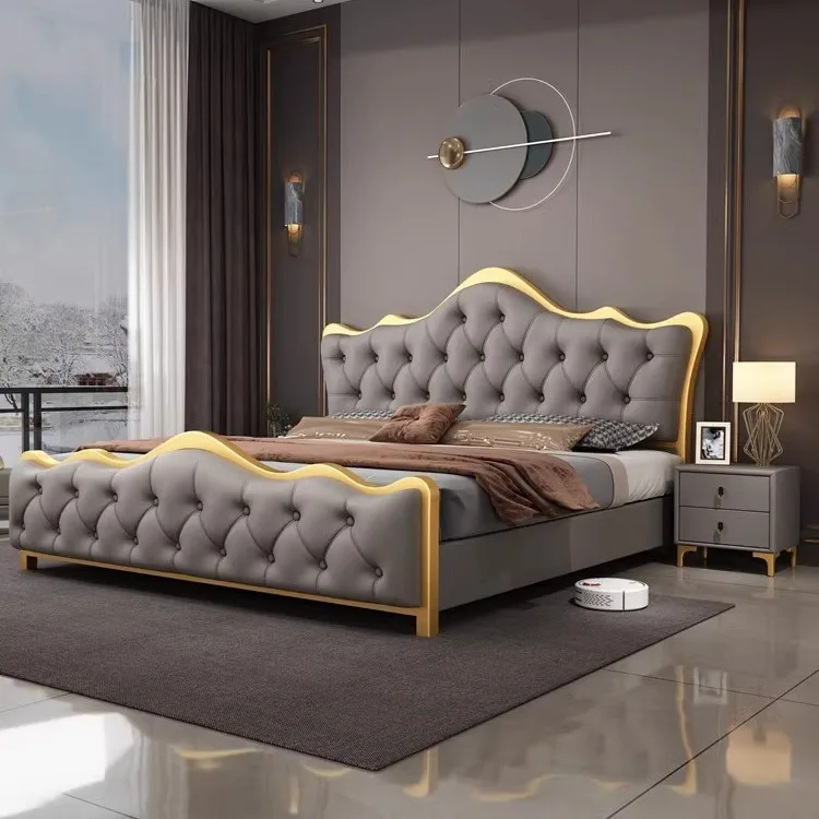 Luxury King Size Modern Leather Bed with Gold Stainless Steel Frame High Double Bed Upholstered Leather Headboard