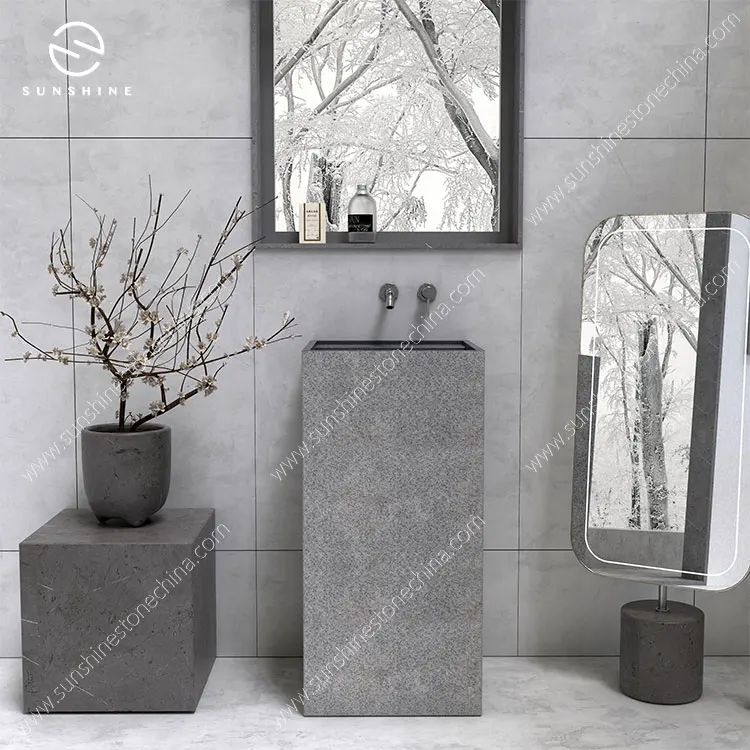 Custom Size Shanxi Black Granite Free Standing Sink Square Stone Pedestal Sinks