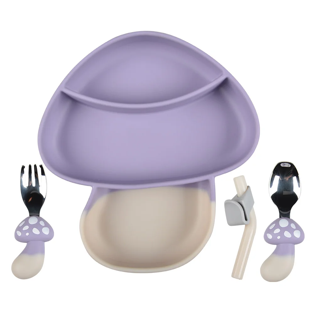 Wholesale customized bpa free toddler silicone baby tableware mushroom shape Baby straw grid plate spoon fork children tableware