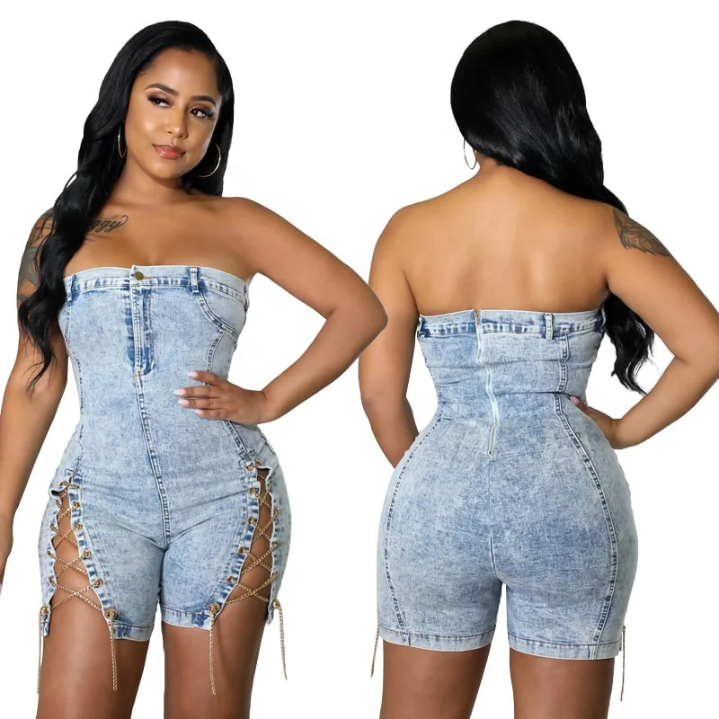 Reis mager Gloed New Denim Romper Shorts Jumpsuits Back Zipper Casual Solid Color Denim  Jumpsuits Strapless Sexy Chain Lace-up Blue Jean Short - Buy Denim Romper  Shorts Jumpsuits,Casual Solid Color Denim Jumpsuits,Blue Jean Short Product