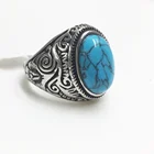 Oval Finger Oval Turquoise Oval Stone Setting High Polish Stainless Steel Men's Finger Rings Vintage Totem Style
