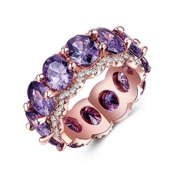 Exclusive 18K Rose Gold Plated Row Amethyst 3A Purple Cubic Zirconia Diamond Eternity Ring