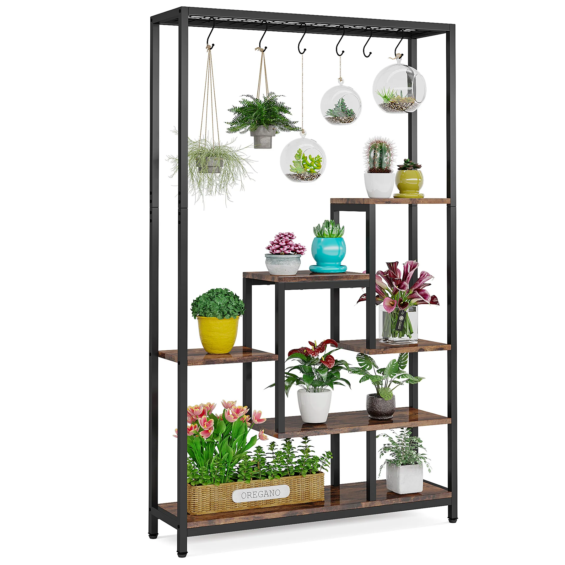 Tribesigns Large Metal Plant Shelf with 6PC S Hanging Hooks Indoor Plant Stand Flower Bonsai Pots Display Rack