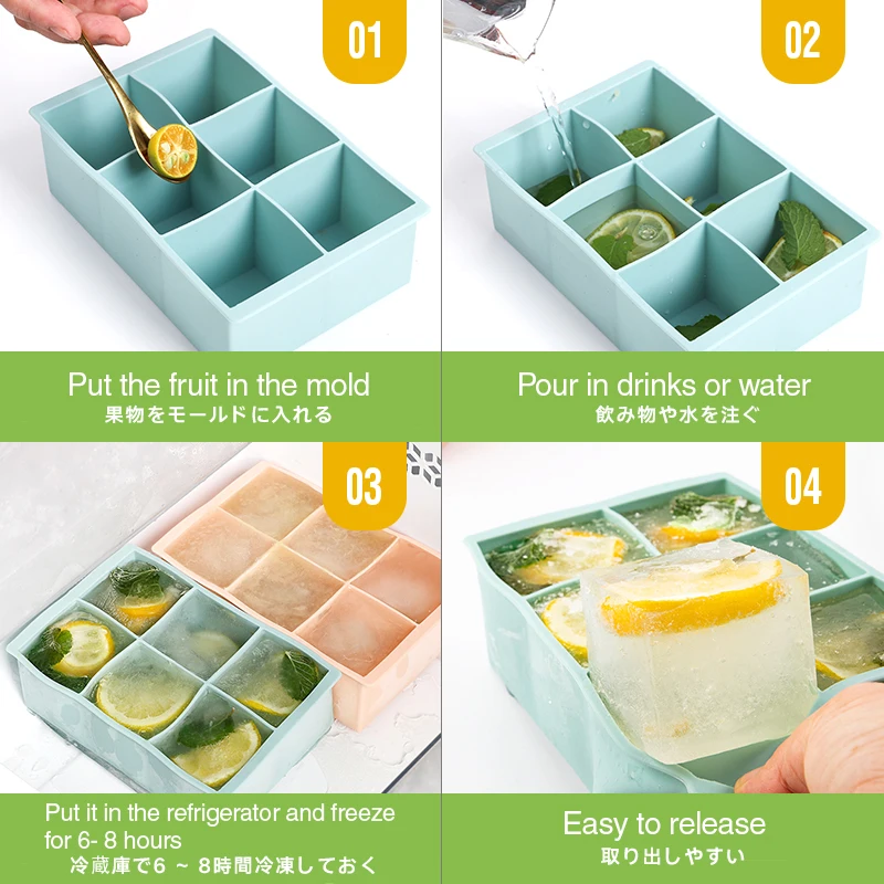 Silicone Ice Cube Tray - Ice Cube Tray with Large 6 Cavity Silicone Mold - Will Make Big Ice Cubes For Whiskey