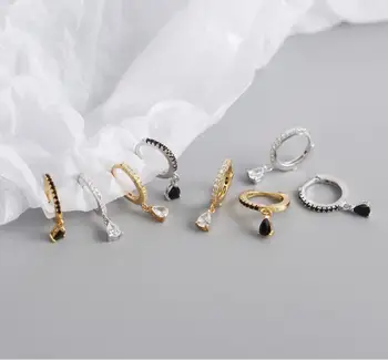 925 Sterling Silver Women Luxury Style CZ Pave Hoops Black Stone Crystal Tear drop earrings 18k gold plated