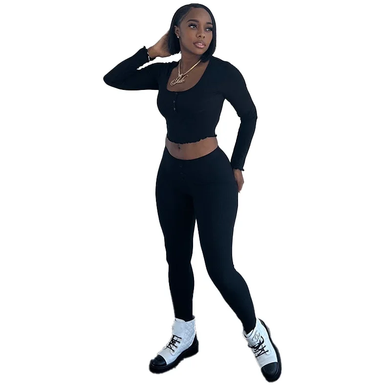 Women Ribbed Knitted Breathable Yoga Suits Customized Sportswear Jogger Fitness Long Sleeve Workout Sets