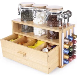 High Quality Bamboo Wooden Coffee Tea Storage Organizer Coffee Pod Holder Storage Organizer With Drawer