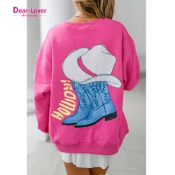 Dear-Lover Strawberry Pink HOWDY Back Western Long Sleeve Pullover Graphic Sweatshirt