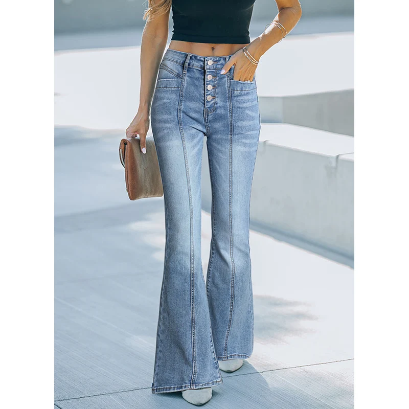 Dear-Lover Wholesale Fast Shipping Jeans Femmes Button Fly Seamed Flare Jeans