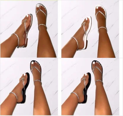 35-43 Large women's shoes Sandals Women's outer wearing rhinestone wrapped cross strap flat sandals