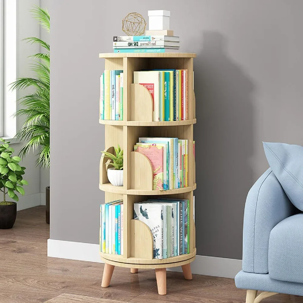 Modern 3-Tier Rotating Bookshelf with 360 Display Wood Panel Standing Kids Bookcase with Legs details