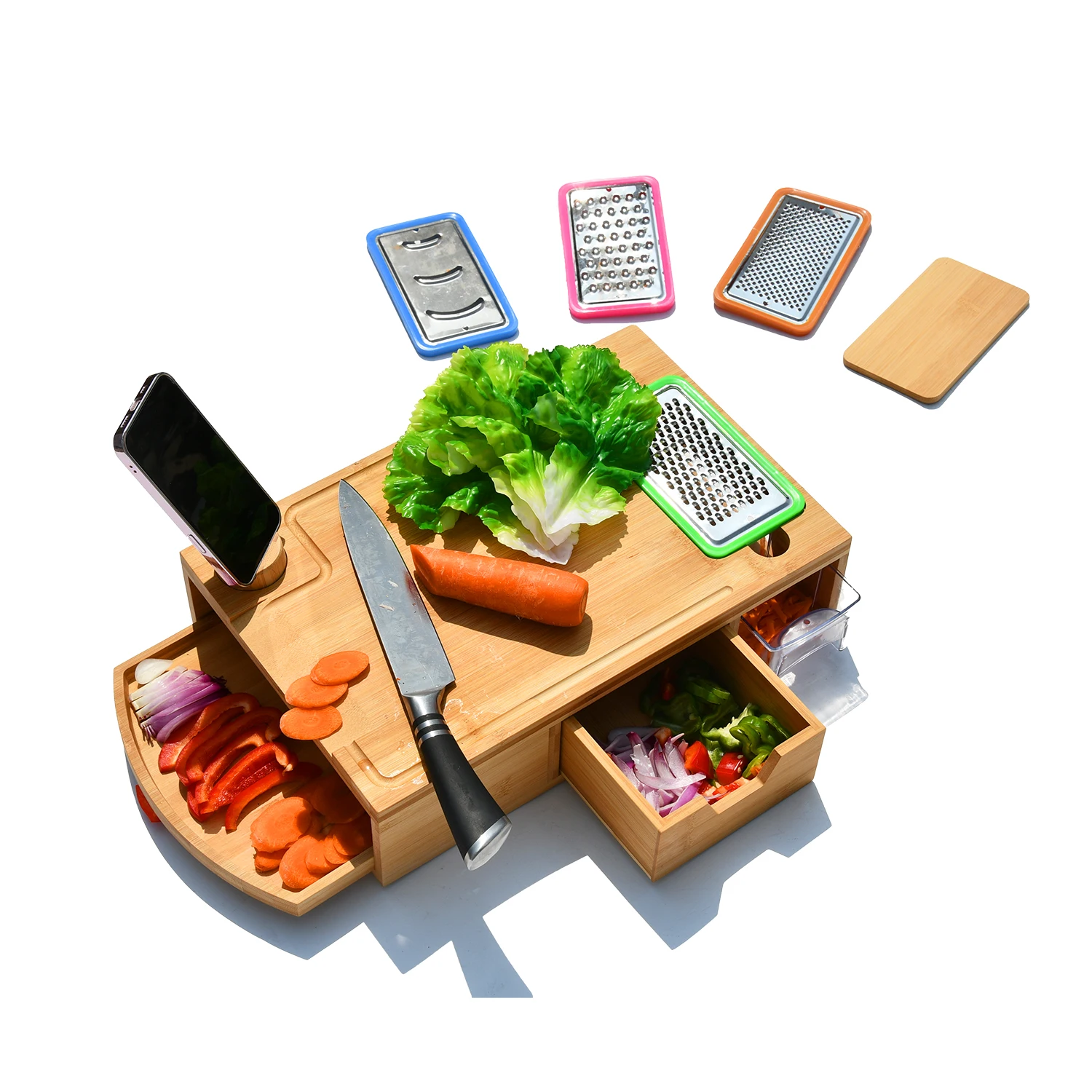Recycled Premium Kitchen Bamboo Chopping Block Cutting Board With Containers Phone Holder Vegetable Grater