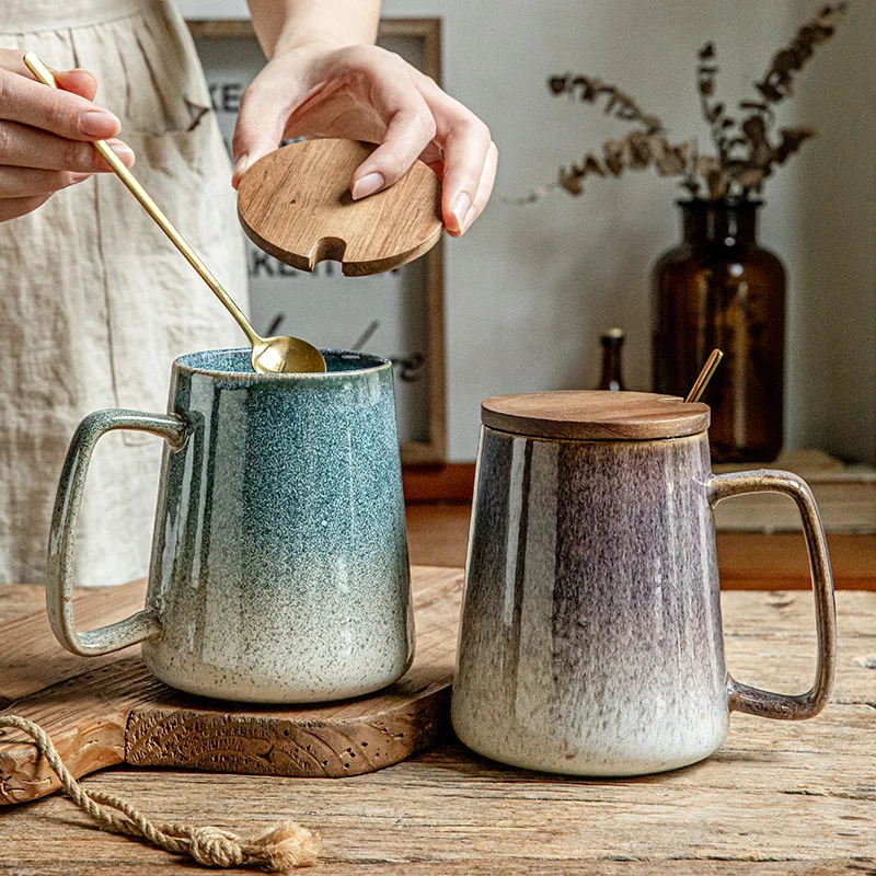 Custom Reactive Glaze Steeping Tea Mug Ceramic Tea Cup with Lid and Spoon