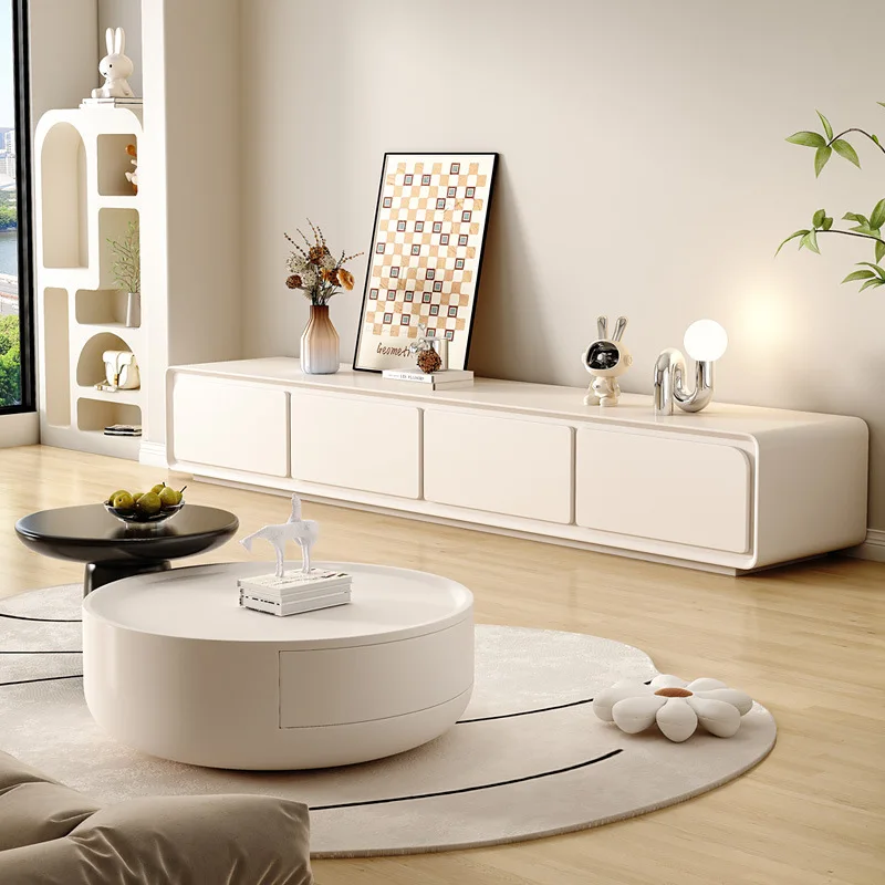 TV Cabinet Coffee Table Combination Modern Simple Cream Style Living Room Home Rounded Corner Storage Floor Cabinet