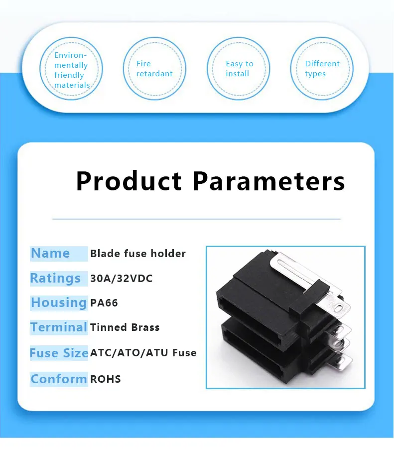 PA66 Plastic Black Brass Terminal PCB Mount Blade Fuse Holder for Automotive Applications