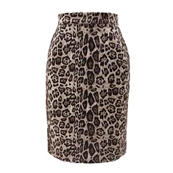 YingTang Women Faux Suede Leopard Print Pencil Skirt High Waist Knee Length Midi Bodycon Skirt