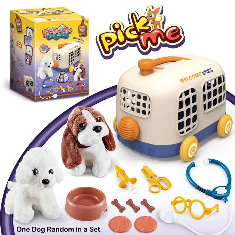 Pet game hospital playset oem design dog plush stuffed animal toys doll with cage