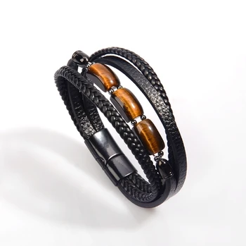 Men's Black Bracelet Magnet Buckle Multi-layer Simple Braided Leather Woven Beaded Bracelet