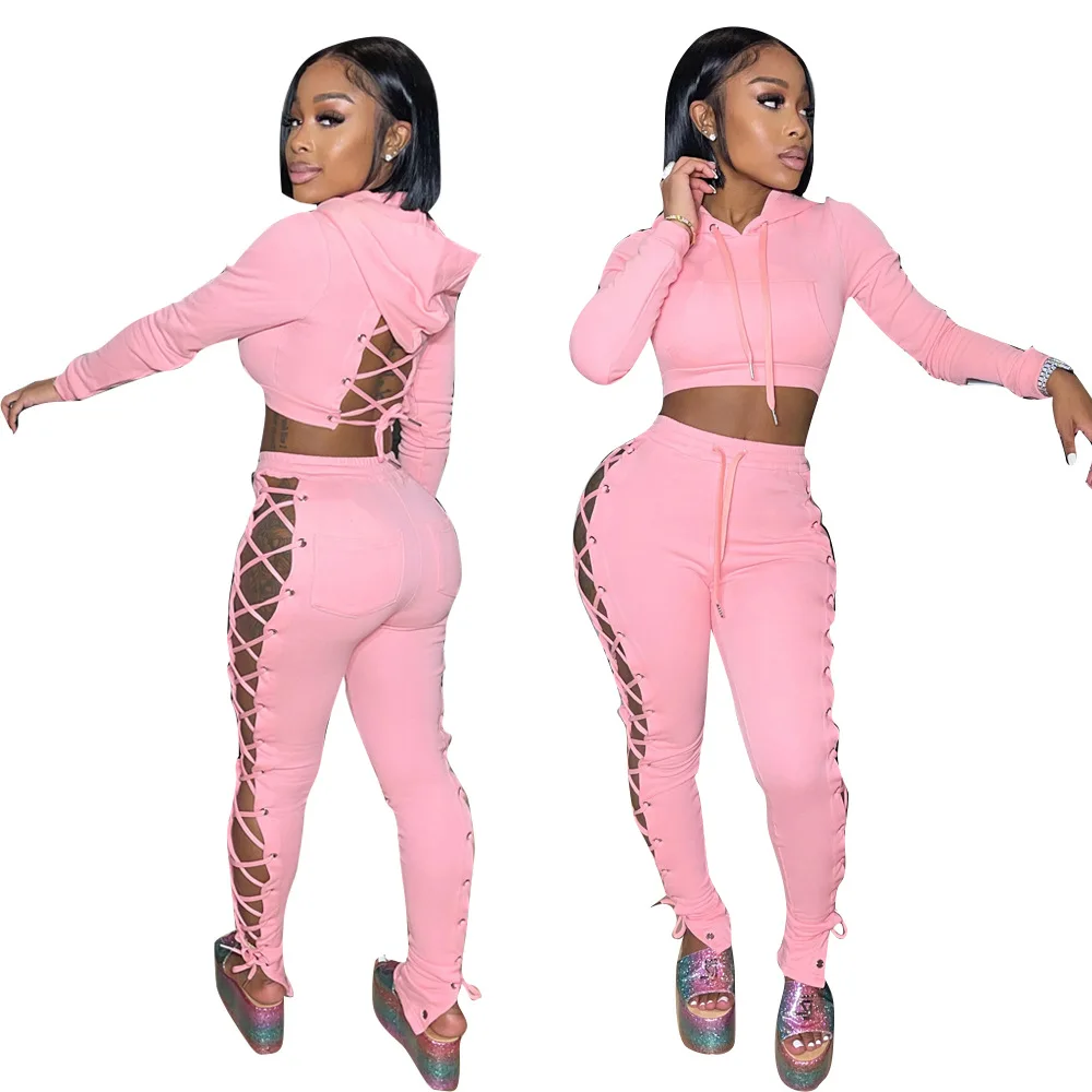 women sweatsuit set tracksuit strappy sexy suit summer outfits 2 piece spring set long pants cropped hoodie women's sets
