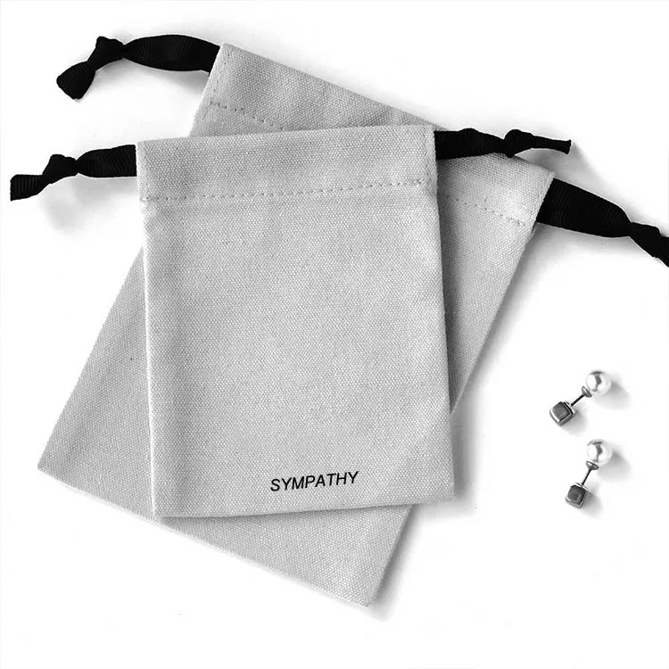 canvas drawstring gift pouch white cotton jewellery bag printed logo jewelry storage bag