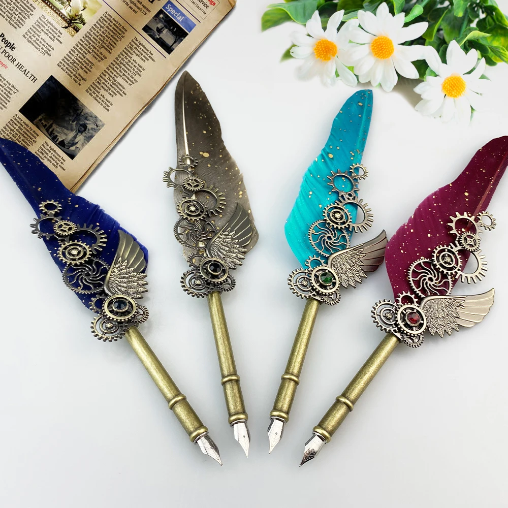 Wholesale Quill And Ink Retro Feather Pen With Ink Set Plastic Quill Gel Calligraphy Various Fountain Pen Heads Gift Box