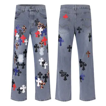 American high street leather patchwork ripped custom denim pants male denim jeans man men's jeans men