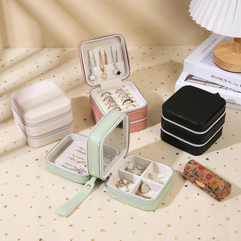 Custom PU leather simple double-layer mini ring and earrings jewelry storage box with mirror