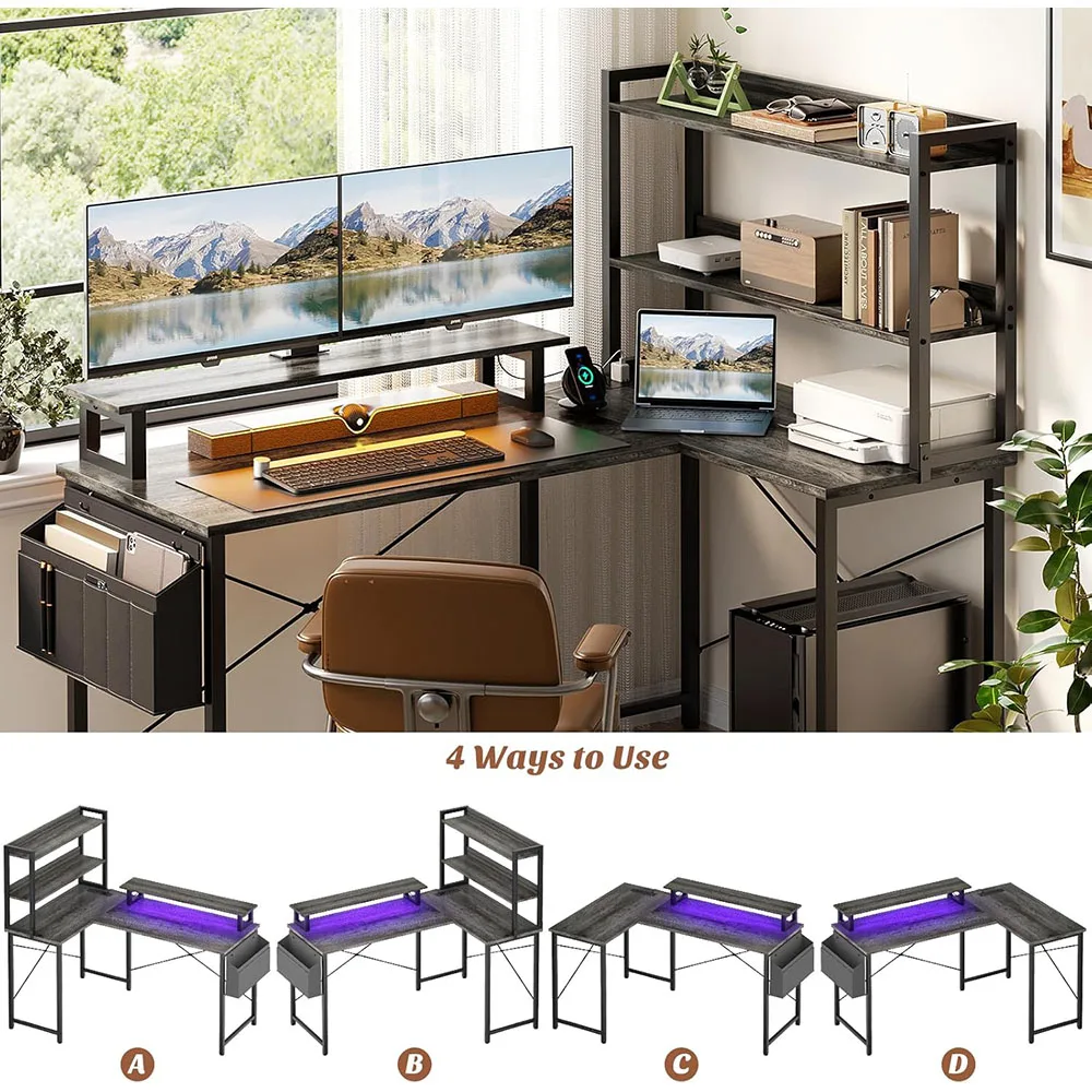 47-Inch L-Shaped Gaming Desk with Charging Station Portable Home Office Computer Table Black Oak Finish Includes Bookshelf supplier