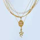 Gold Plated Herringbone Chain Snake Pearl Gold Plated Layered Necklace