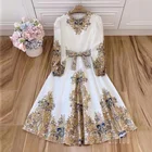 Round Skirt Round Collar Sweet Hemp Quarter Sleeve Sweet Medium Length Skirt Casual Women Maxi Dress Linen