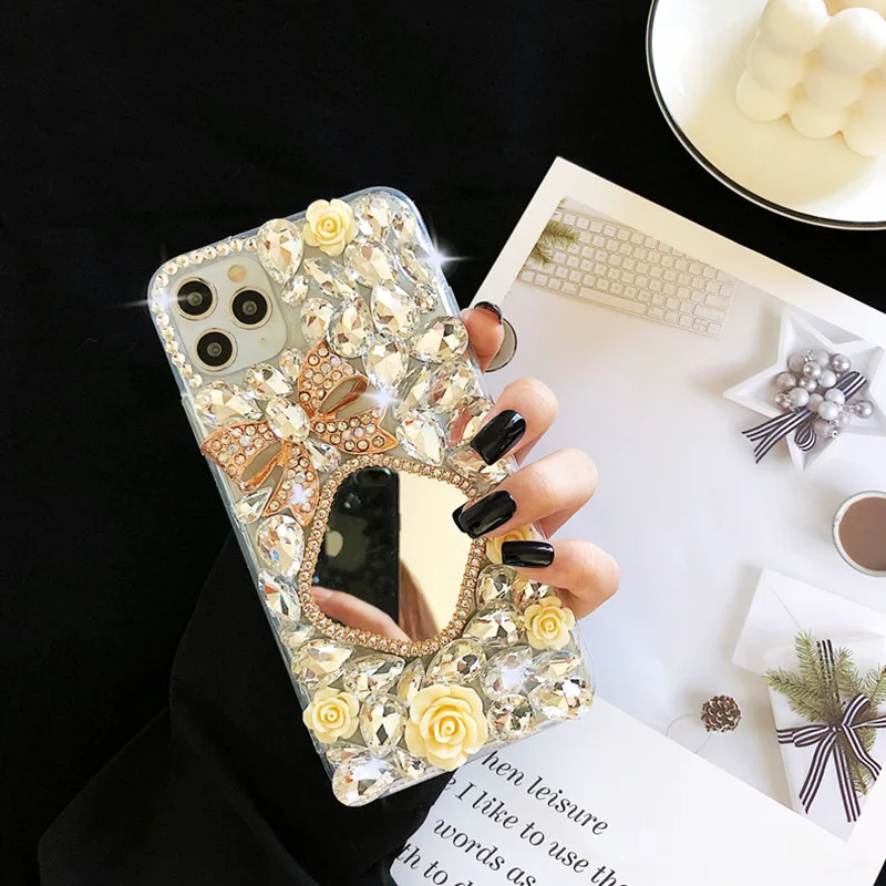 Woman Lady Style Handmade 3D Diamond Rhinestone Mirror Phone Case for iPhone 15 14 12 11 8 7 Samsung S24 S23 S22