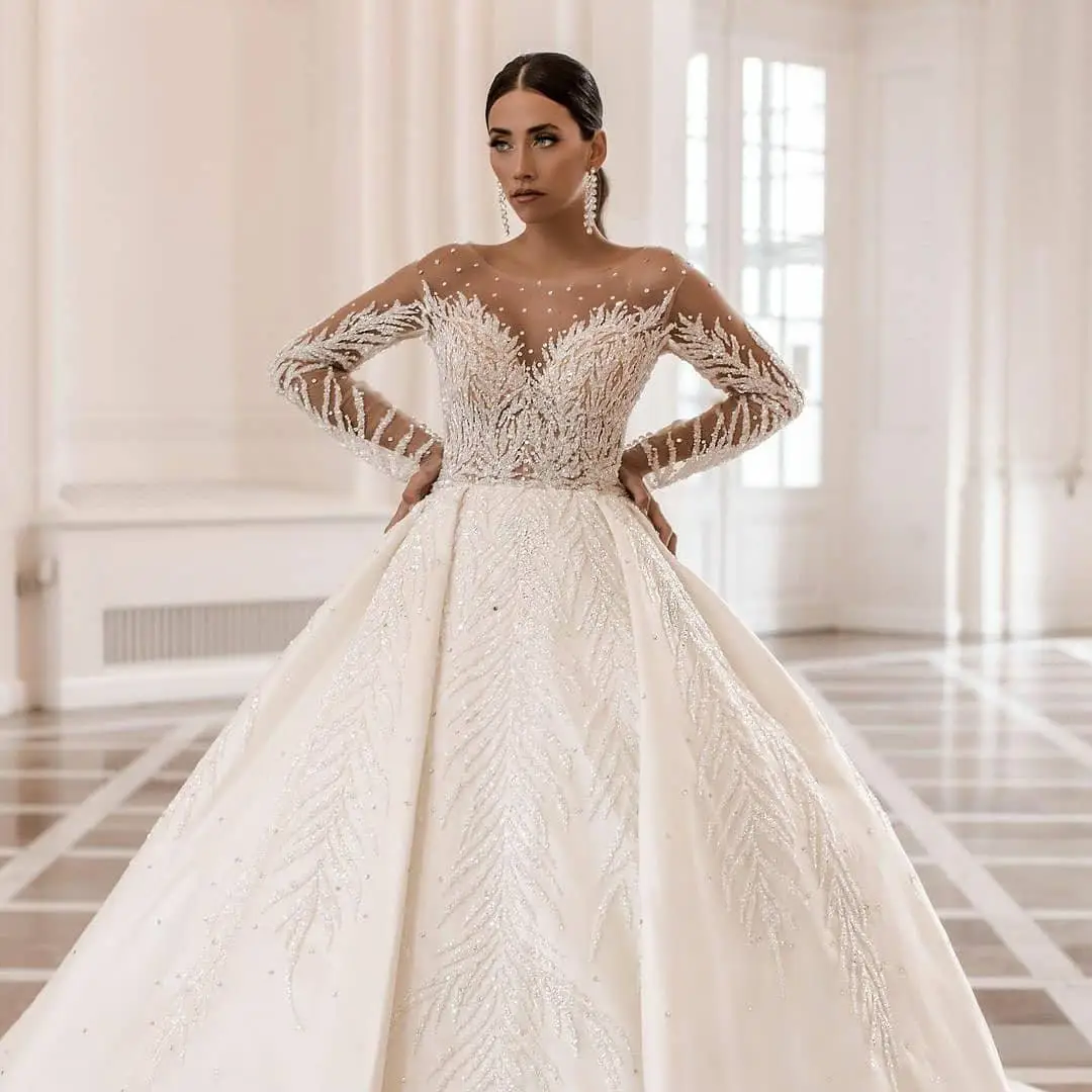 Luxe V-Neck Crystal Ball Gown Wedding Dress with Long Lace Sleeves & Oversized Bow