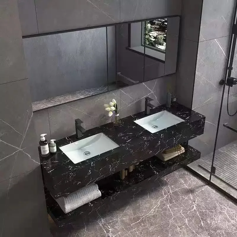 Tarpul Marble Double Washbasin Sink With Mirror Artificial Stone Cabinet Basin Wall Hung Bathroom Vanity Slab Basin details