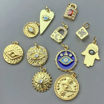 Muslim jewelry gold plated evil blue eye charm heart moon hand lock pendant lucky charms for bracelets bulk jewelry