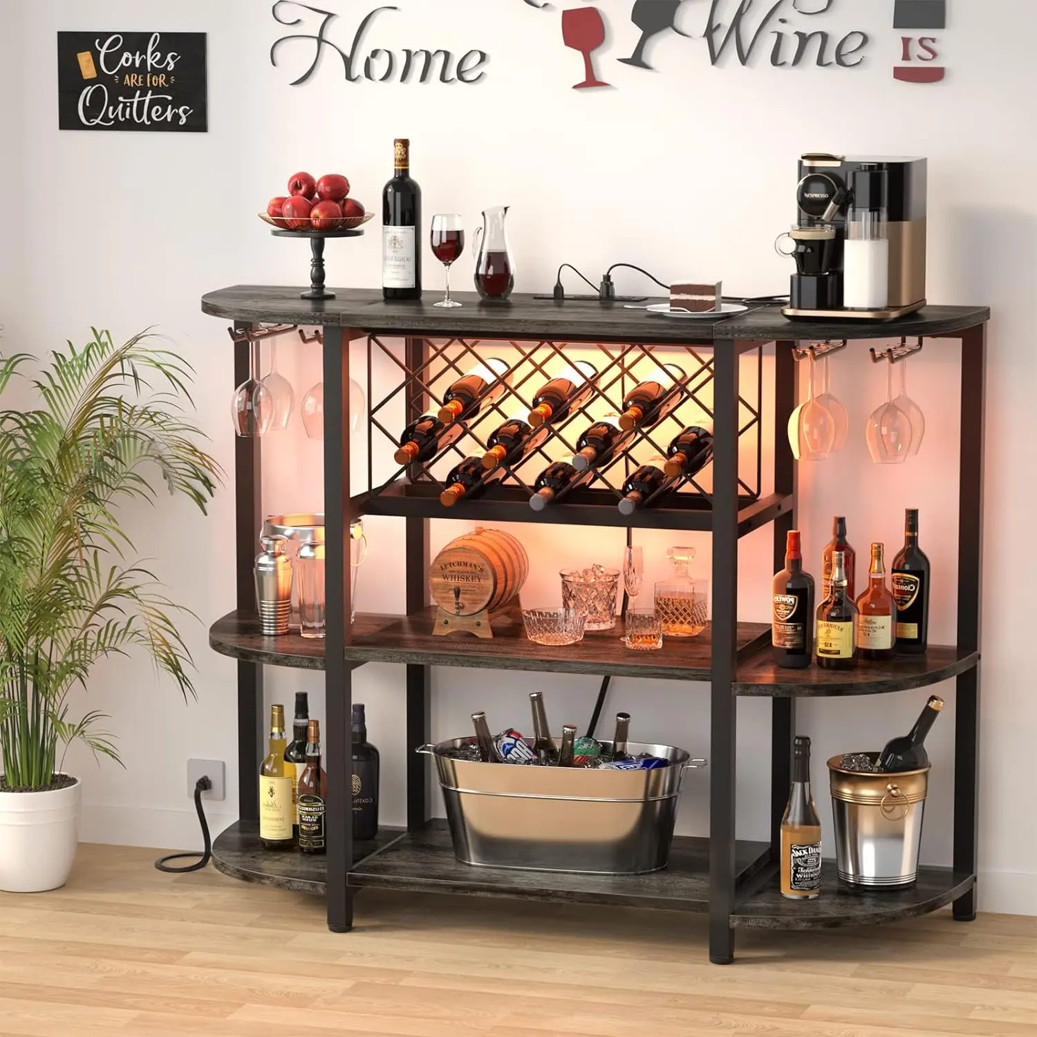 Tier Metal Coffee Bar Cabinet With Outlet And Led Light Freestanding